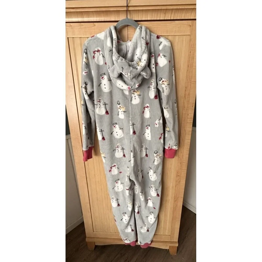 Munki Munki Women's One-Piece Hooded Fleece Pajamas Gray‎ Pink Spark Size Small